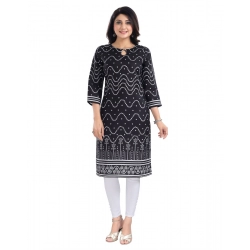 Generic Women's 3/4th Sleeve Cotton Blend Tunic Long Kurti (Black)