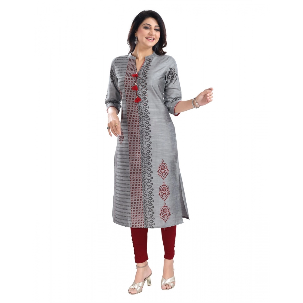 Generic Women's 3/4th Sleeve Silk Blend Tunic Long Kurti (Grey)