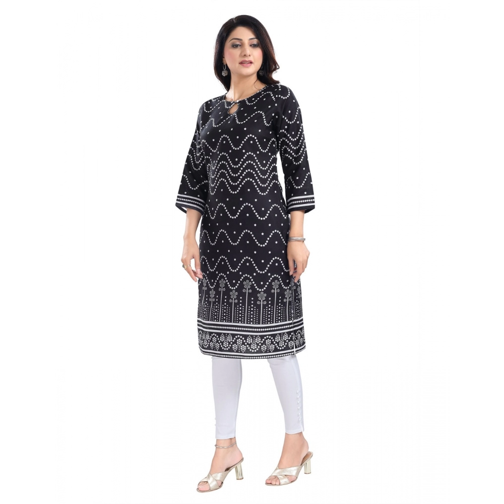 Generic Women's 3/4th Sleeve Cotton Blend Tunic Long Kurti (Black)