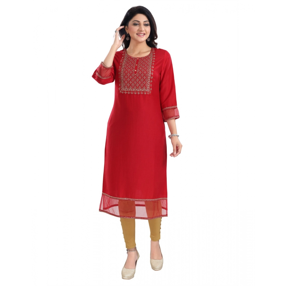 Generic Women's 3/4th Sleeve Silk Blend Tunic Long Kurti (Red)
