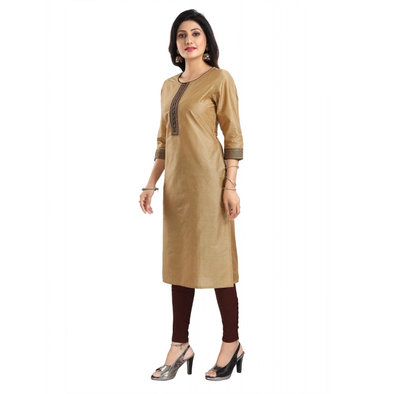 Women's 3/4th Sleeve Silk Blend Tunic Long Kurti (Beige) Women's 3/4th Sleeve Silk Blend Tunic Long Kurti (Beige)
