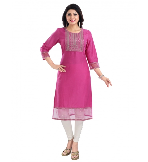 Generic Women's 3/4th Sleeve Silk Blend Tunic Long Kurti (Purple)
