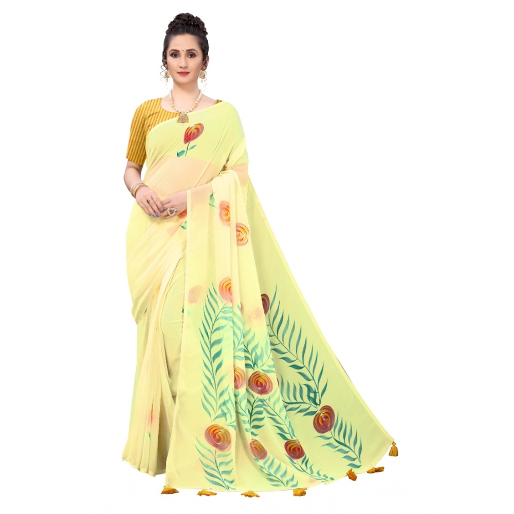 Generic Women's Georgette Floral Hand Printed Sarees (Yellow, 5-6 Mtrs)