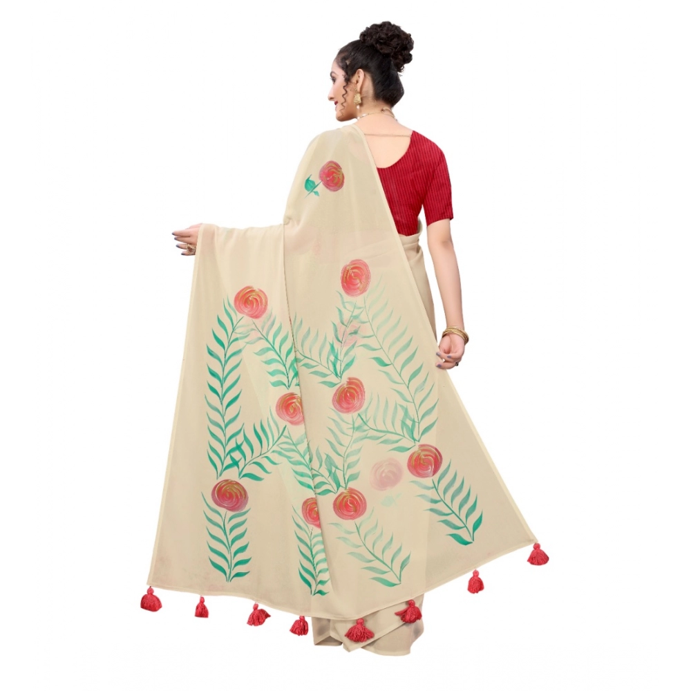 Generic Women's Georgette Floral Hand Printed Sarees (Beige, 5-6 Mtrs)