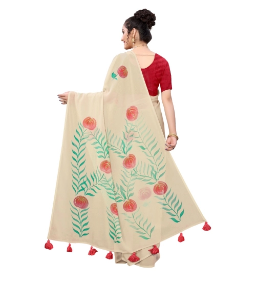 Generic Women's Georgette Floral Hand Printed Sarees (Beige, 5-6 Mtrs)