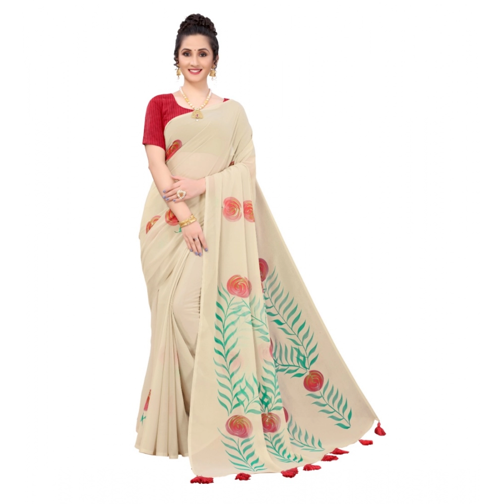 Generic Women's Georgette Floral Hand Printed Sarees (Beige, 5-6 Mtrs)