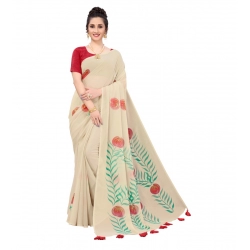 Generic Women's Georgette Floral Hand Printed Sarees (Beige, 5-6 Mtrs)