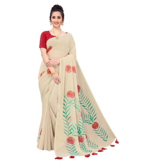 Generic Women's Georgette Floral Hand Printed Sarees (Beige, 5-6 Mtrs)