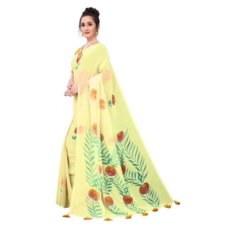 Women's Georgette Floral Hand Printed Sarees (Yellow, 5-6 Mtrs)