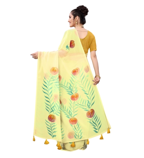 Generic Women's Georgette Floral Hand Printed Sarees (Yellow, 5-6 Mtrs)