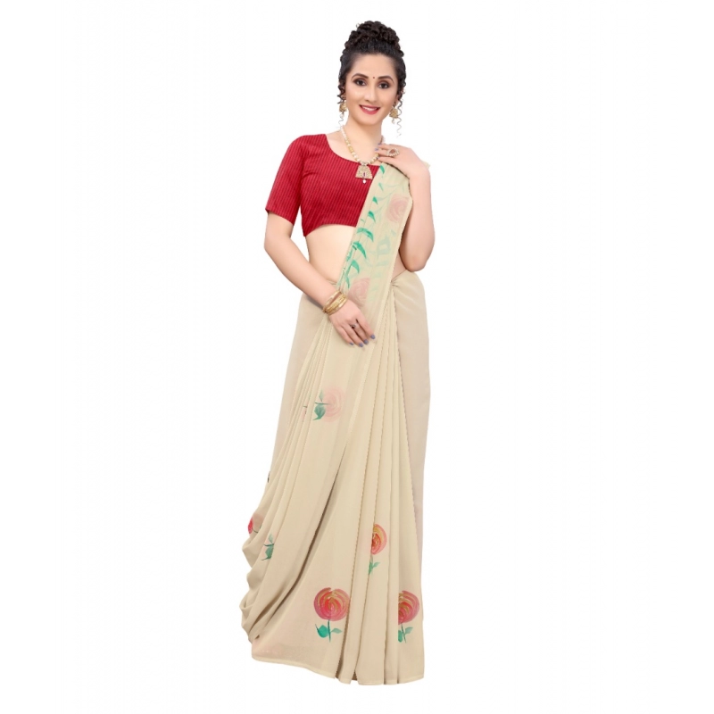Women's Georgette Floral Hand Printed Sarees (Beige, 5-6 Mtrs)