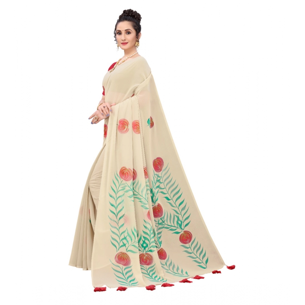 Generic Women's Georgette Floral Hand Printed Sarees (Beige, 5-6 Mtrs) Generic Women's Georgette Floral Hand Printed Sarees (Beige, 5-6 Mtrs)