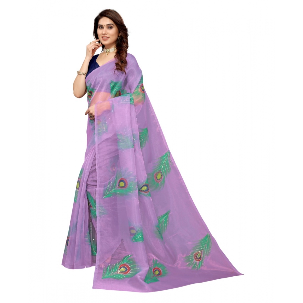 Generic Women's Organza Floral Pattern Sarees (Lavendor, 5-6 Mtrs)