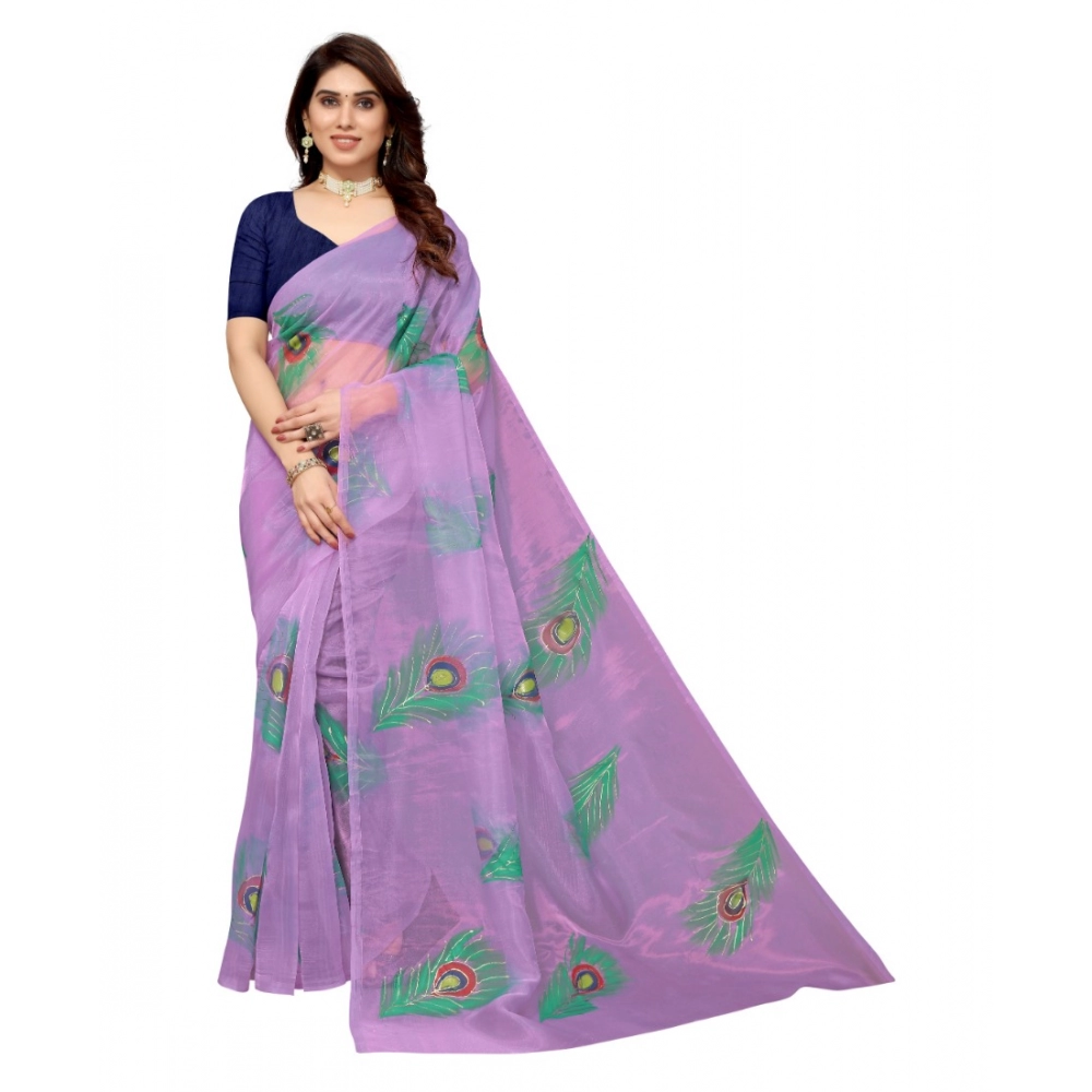 Generic Women's Organza Floral Pattern Sarees (Lavendor, 5-6 Mtrs)