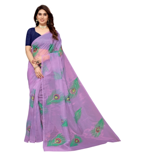 Generic Women's Organza Floral Pattern Sarees (Lavendor, 5-6 Mtrs)