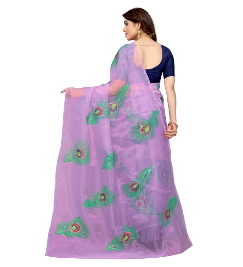 Generic Women's Organza Floral Pattern Sarees (Lavendor, 5-6 Mtrs)