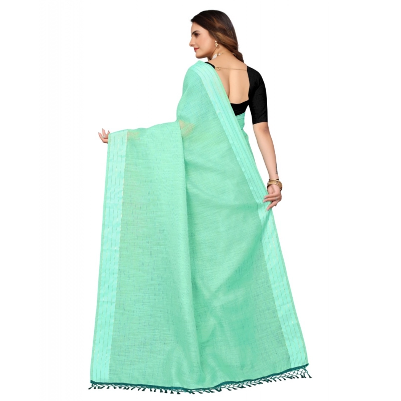 Women's Cotton Blend Slub Pattern Sarees (Rama, 5-6 Mtrs)