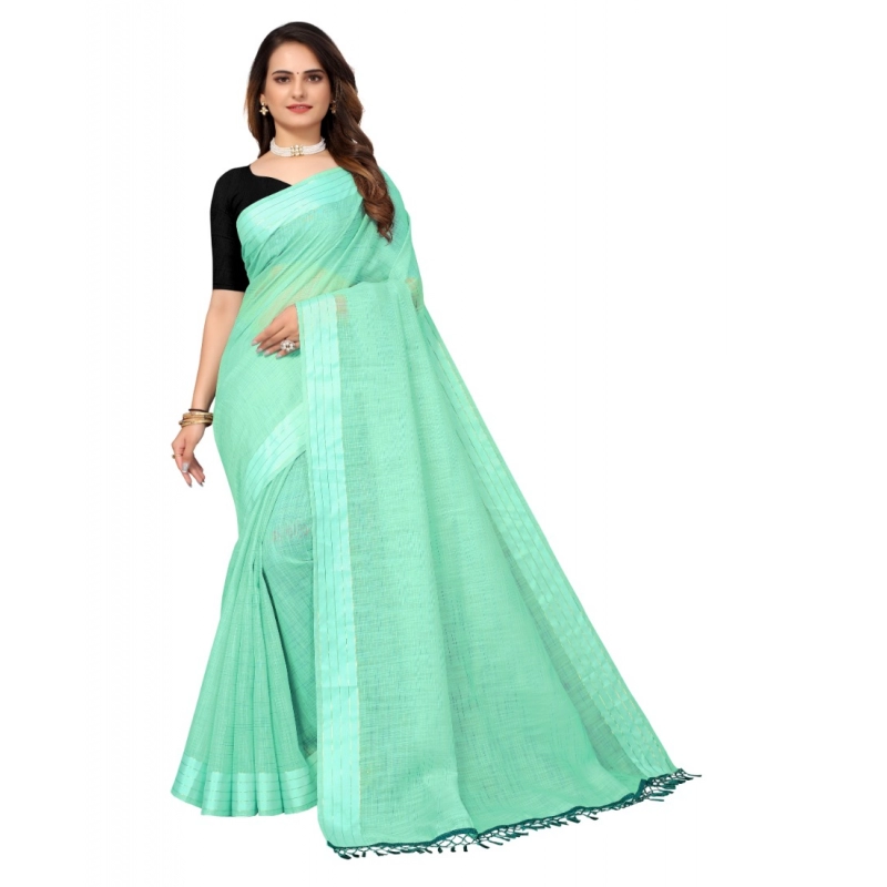 Women's Cotton Blend Slub Pattern Sarees (Rama, 5-6 Mtrs)