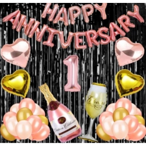 Generic 1St Anniversary Rose Gold Foil Balloons With Happy Decoration Items Set (Multicolor)