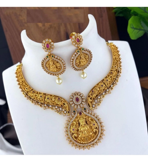 Generic Women's Gold Plated Necklace and Earrings Set with Kundan Work (Multi Color, Free Size)