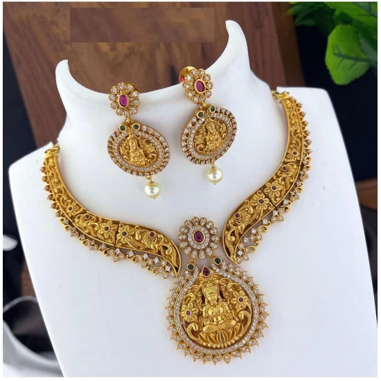 Generic Women's Gold Plated Necklace and Earrings Set with Kundan Work (Multi Color, Free Size)