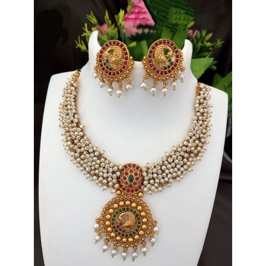 Generic Women's Gold Plated Temple Necklace and Earrings Set (White, Free Size) Generic Women's Gold Plated Temple Necklace and Earrings Set (White, Free Size)