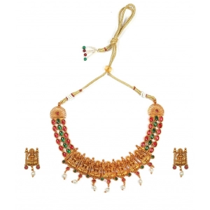 Generic Women's Temple Necklace and Earrings Set in Gold Plating (Multi Color, Free Size)