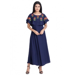 Generic Women's Crepe Embroidery Pattern Sleeveless Full Length Gown(Dark Blue)