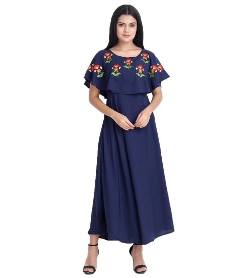 Generic Women's Crepe Embroidery Pattern Sleeveless Full Length Gown(Dark Blue)
