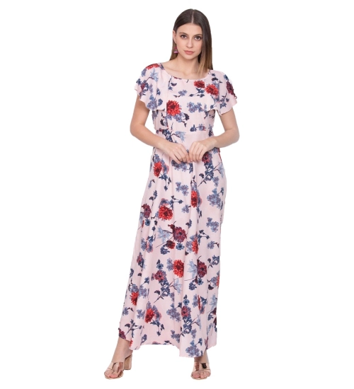 Generic Women's Crepe Floral Sleeveless Full Length Gown(Peach)