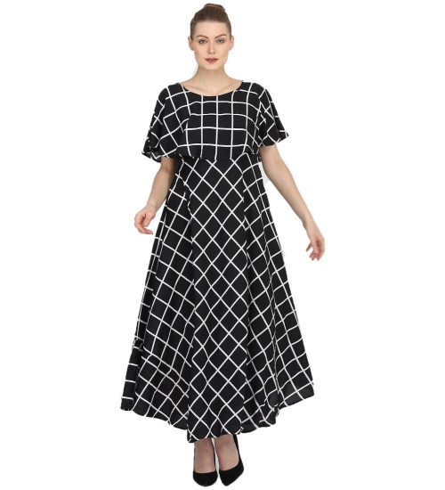 Generic Women's Crepe Checked Half Sleeves Full Length Gown(Black)