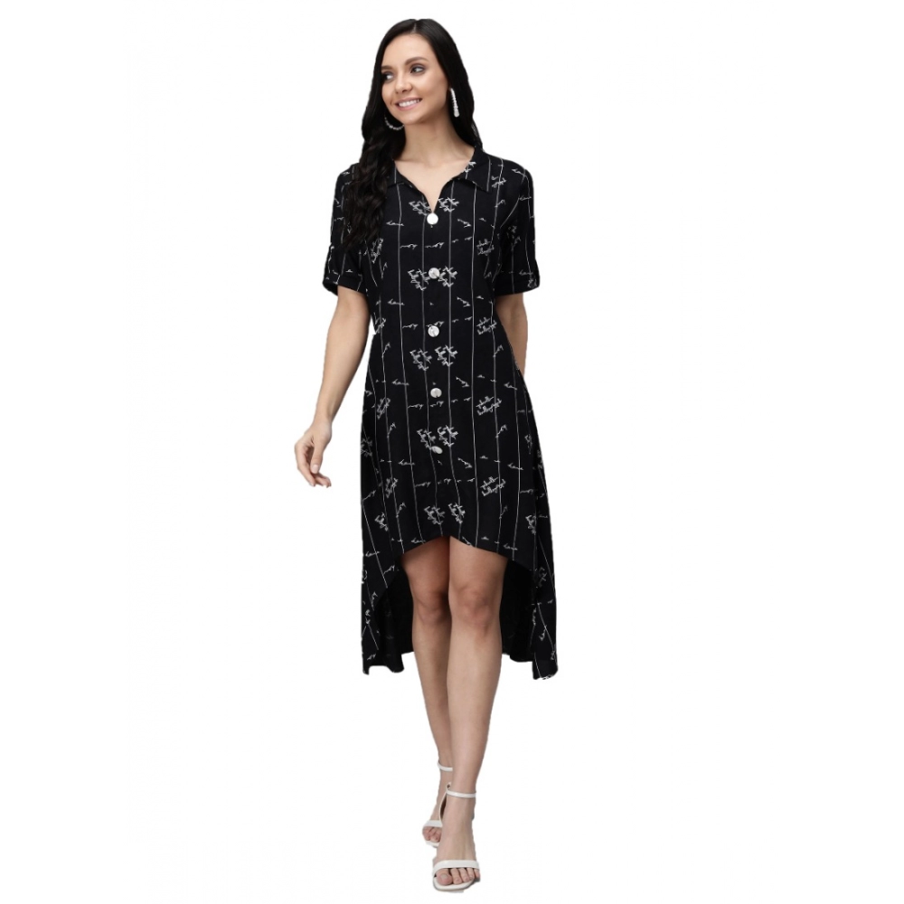 Generic Women's Rayon Printed Half Sleeve Short Tops(Black)