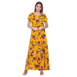 Generic Women's Crepe Floral Sleeveless Full Length Gown(Yellow)