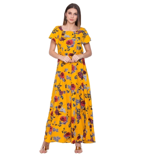 Generic Women's Crepe Floral Sleeveless Full Length Gown(Yellow)