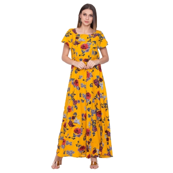Generic Women's Crepe Floral Sleeveless Full Length Gown(Yellow)