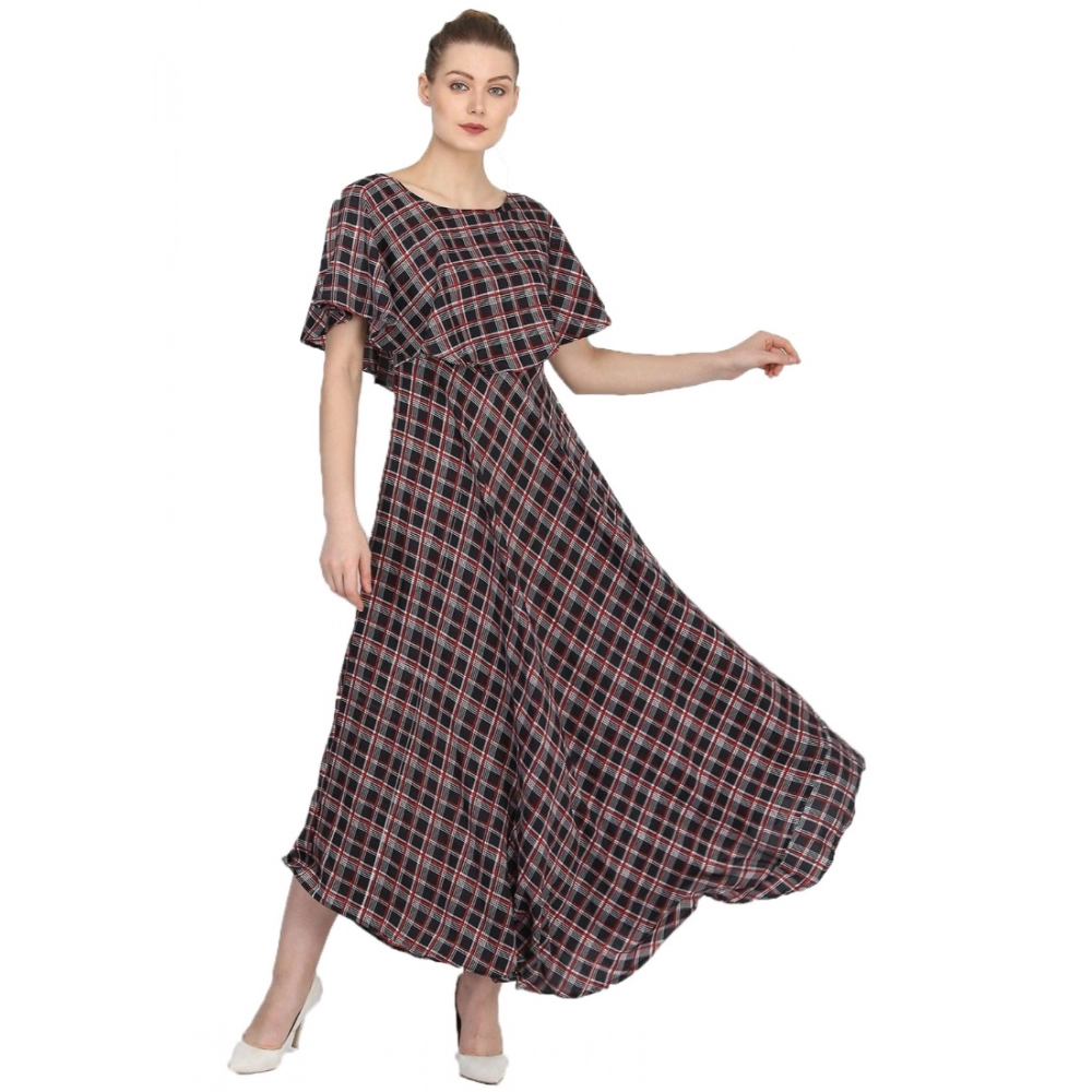 Generic Women's Crepe Checked Half Sleeves Full Length Gown(Multi) Generic Women's Crepe Checked Half Sleeves Full Length Gown(Multi)