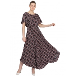 Generic Women's Crepe Checked Half Sleeves Full Length Gown(Multi)