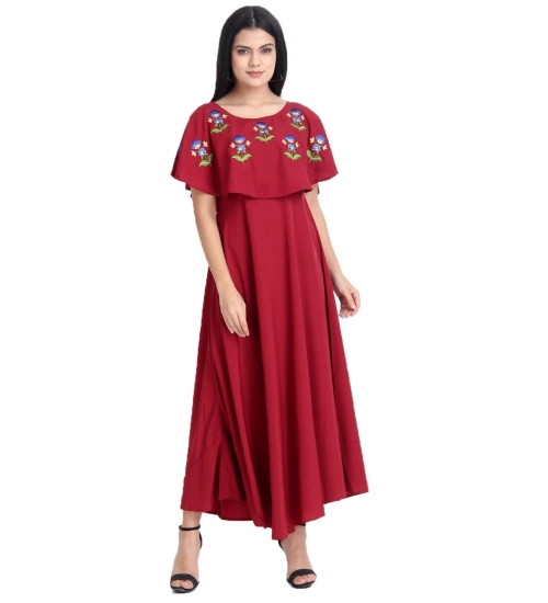 Generic Women's Crepe Embroidery Pattern Sleeveless Full Length Gown(Red)