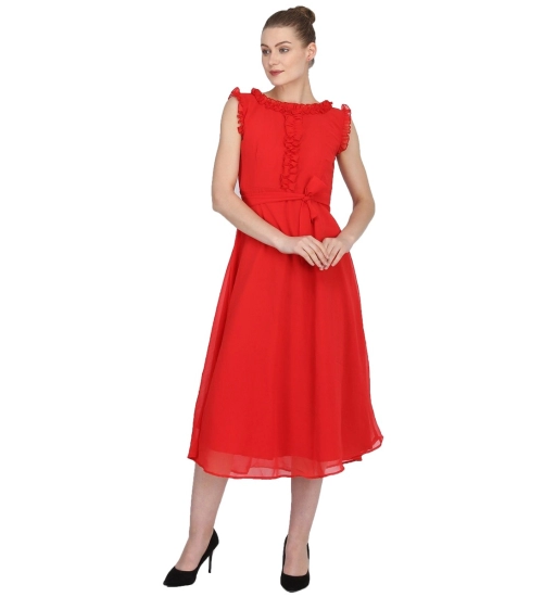 Generic Women's Georgette Solid Sleeveless Full Length Gown(Red)