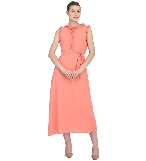 Generic Women's Georgette Solid Sleeveless Full Length Gown(Peach)