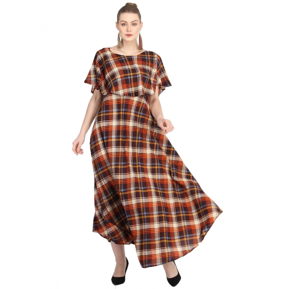 Generic Women's Crepe Checked Half Sleeves Full Length Gown(Multi) Generic Women's Crepe Checked Half Sleeves Full Length Gown(Multi)