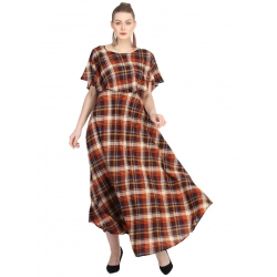 Generic Women's Crepe Checked Half Sleeves Full Length Gown(Multi)