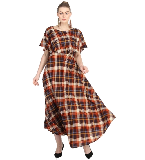 Generic Women's Crepe Checked Half Sleeves Full Length Gown(Multi)