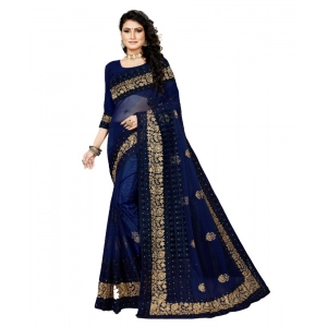 Generic Women's Net Saree With Blouse (Navy Blue, 5-6Mtrs)