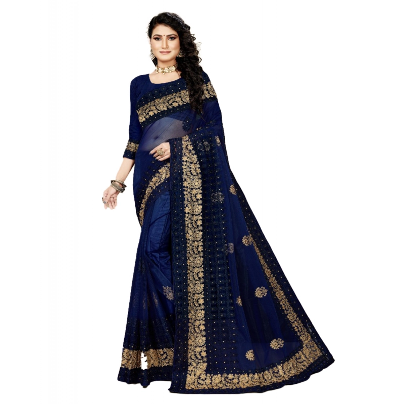 Women's Net Saree With Blouse (Navy Blue, 5-6Mtrs) Women's Net Saree With Blouse (Navy Blue, 5-6Mtrs)