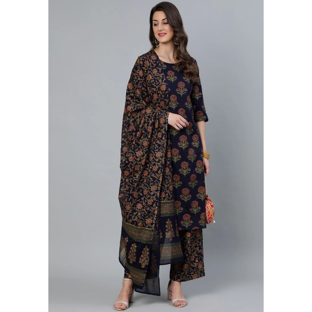 Women's Cotton Blend Printed Work Kurti With Bottom And Dupatta Set (Navy Blue)