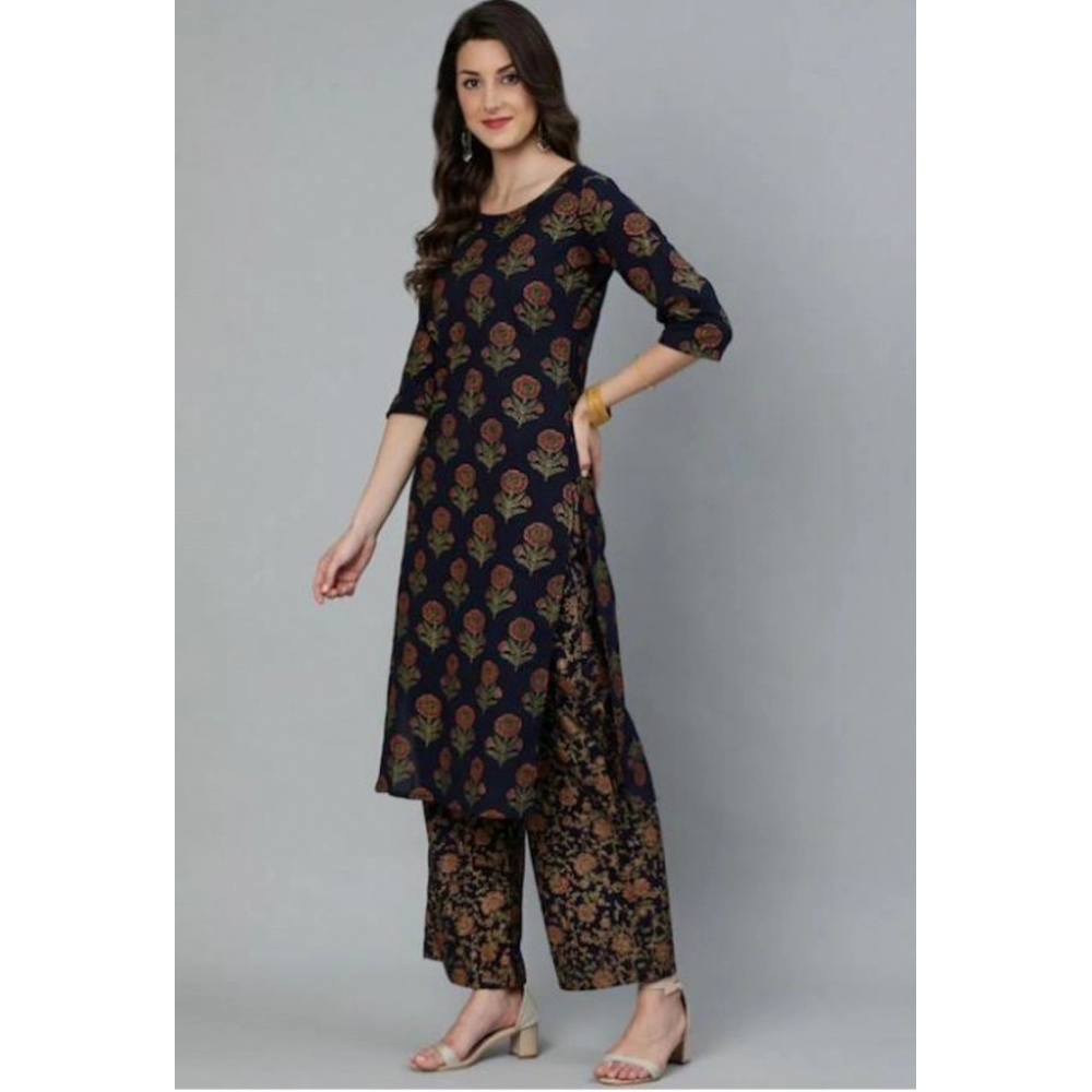 Women's Cotton Blend Printed Work Kurti With Bottom And Dupatta Set (Navy Blue)