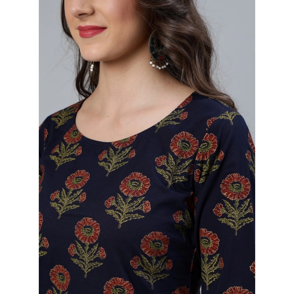 Women's Cotton Blend Printed Work Kurti With Bottom And Dupatta Set (Navy Blue)