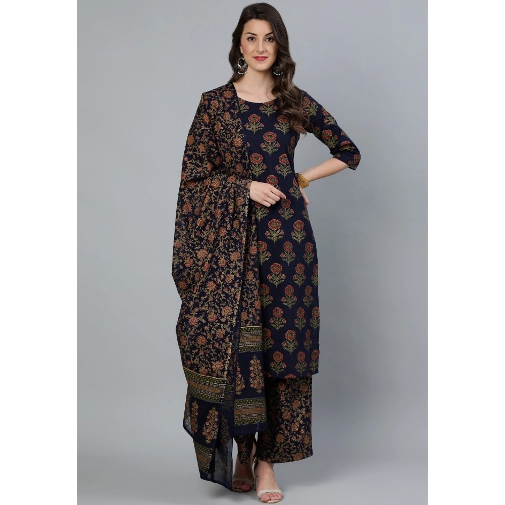 Generic Women’s Cotton Blend Printed Work Kurti With Bottom And Dupatta Set (Navy Blue)