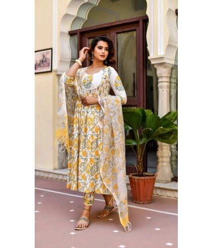 Generic Women's Cotton Blend Printed Work Kurti With Bottom And Dupatta Set (Yellow) Generic Women's Cotton Blend Printed Work Kurti With Bottom And Dupatta Set (Yellow)